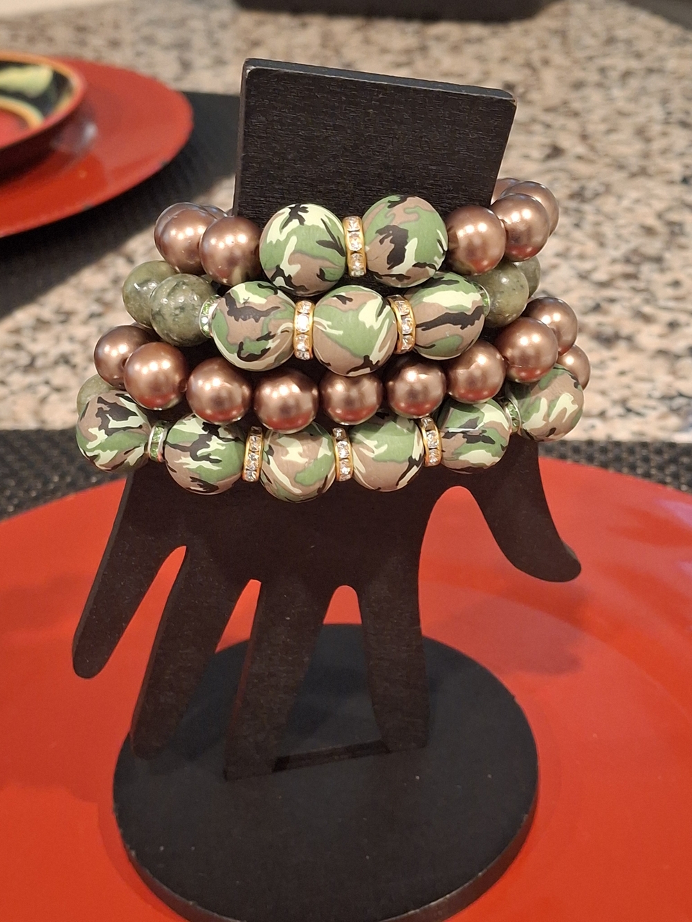 Camouflage Beaded Stretch Bracelet Stack - Green & Bronze